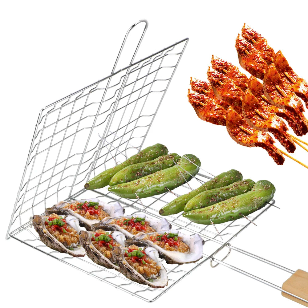 Grille de Cuisson BBQ Double Face avec Manche Bois