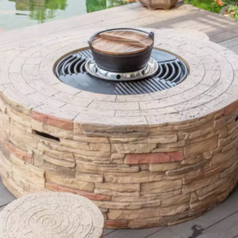 Brasero en pierre premium – Foyer extérieur convivial avec fonction barbecue