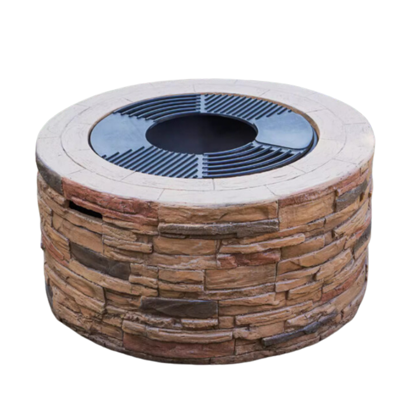 Brasero en pierre premium – Foyer extérieur convivial avec fonction barbecue